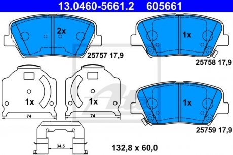 Комплект гальмівних колодок передн, HYUNDAI GENESIS, GRANDEUR KIA CARENS IV, K9 II 1.6-3.3 03.13- ATE 13.0460-5661.2 (фото 1)