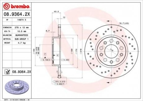 Гальмівний диск BREMBO 08.9364.2X (фото 1)