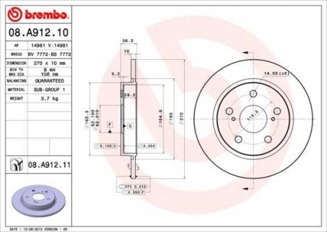 Диск гальмівний TOYOTA AURIS, COROLLA задн. (вир-во) BREMBO 08.A912.10 (фото 1)