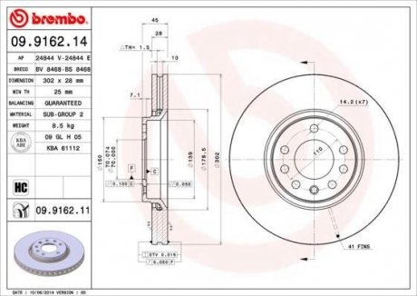 Гальмівний диск BREMBO 09.9162.11 (фото 1)