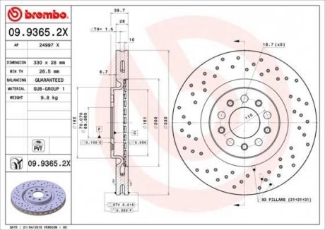 Гальмівний диск BREMBO 09.9365.2X (фото 1)