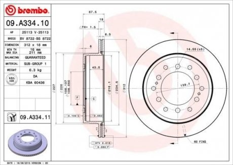 Диск гальмівний TOYOTA LAND CRUISER задн., вент. (вир-во) BREMBO 09.A334.11 (фото 1)