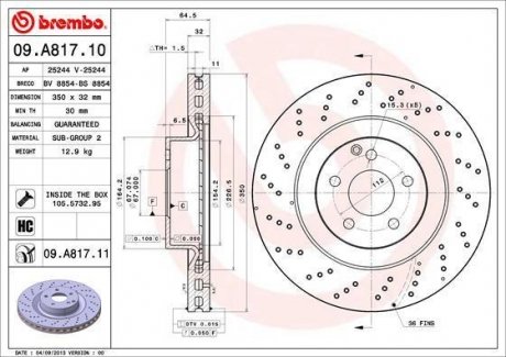 Диск гальмівний MB (W221) E420 E500 06-, S320-500 05 - передн. (вир-во) BREMBO 09.A817.11 (фото 1)