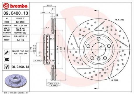 Гальмівний диск BREMBO 09.C400.13 (фото 1)