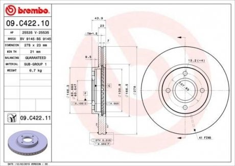 Диск гальмівний FORD B-MAX, FIESTA VI передн. (вир-во) BREMBO 09.C422.11 (фото 1)