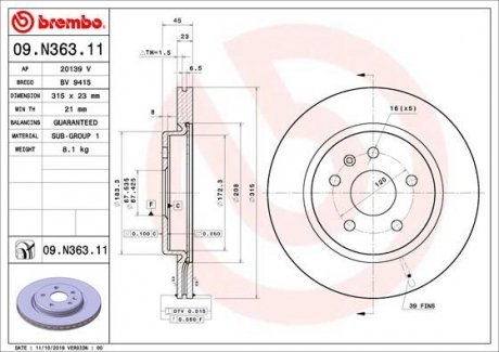 Гальмівний диск BREMBO 09.N363.11 (фото 1)