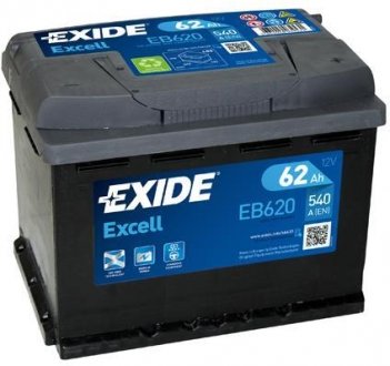 Акумуляторна батарея 62Ah/540A (242x175x190/+R/B13) Excell EXIDE EB620 (фото 1)