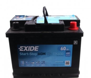 Акумуляторна батарея 60Ah/680A (242x175x190/+R/B13) (Start-Stop AGM) EXIDE EK600 (фото 1)