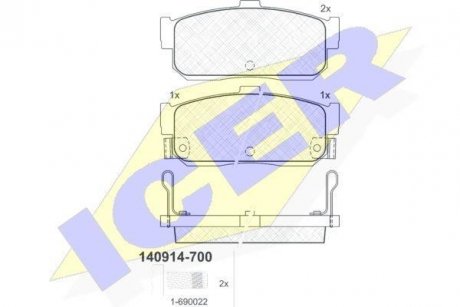 Колодки гальмівні (задние) Nissan Almera/Maxima 95-00/Primera 90-98/Sunny 90-95/Infiniti I30 97- ICER 140914-700 (фото 1)