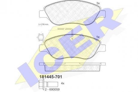 Колодки гальмівні (передні) Fiat Stilo 01-08/Bravo 07-14/Alfa Romeo Mito 08-15 (+датчик) ICER 181445-701 (фото 1)