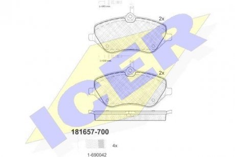 Колодки гальмівні (передние) Citroen C5 08-/C6 05-12/Peugeot 407 04-/607 00-11 (+датчики) ICER 181657-700 (фото 1)