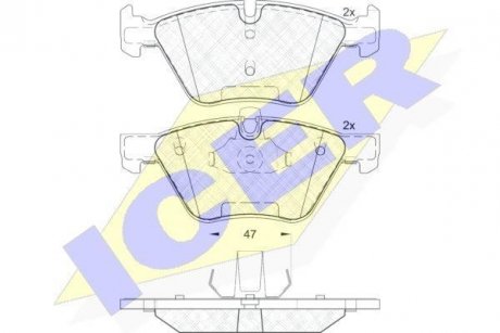 Колодки гальмівні (передние) BMW 1 (E81/E82)/3 (E90-E93)/X1 (E84)/Z4 (E89) 04-16 (Кріплення 47mm) ICER 181683-203 (фото 1)