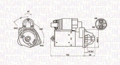 Стартер Audi A4/A6/Skoda Superb I/VW Passat 1.6-2.0 97-08 (1.1kw) (z=9) MAGNETI MARELLI 063721394010 (фото 1)