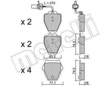 Колодки гальмівні (передние) Audi A4 97-01/A6 97-05/Phaeton 02-08 (+датчики) Metelli 22-0774-1 (фото 1)