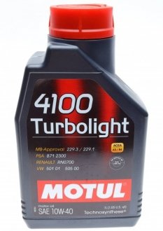 Олива 10W40 Turbolight 4100 (1L) (VW 501.01/505.00/MB 229.3/RN 0700/PSA B71 2300) (102774) MOTUL 387601 (фото 1)