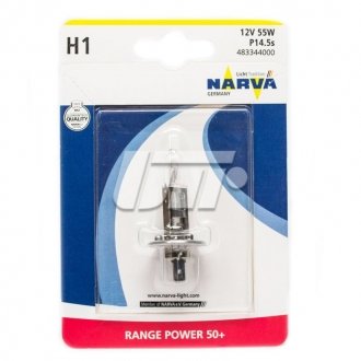 Лампа накаливания H1 12V 55W P14,5S RANGE POWER +50 (Blister 1шт) (пр-во) NARVA 48334B1 (фото 1)