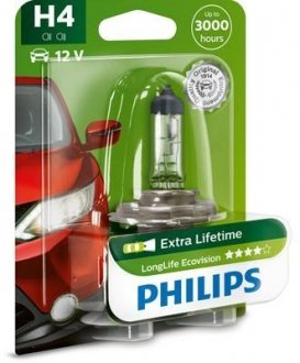 Лампа розжарювання H4 12V 60/55W P43t-38 LongerLife Ecovision 1шт blister (вир-во) PHILIPS 12342LLECOB1 (фото 1)