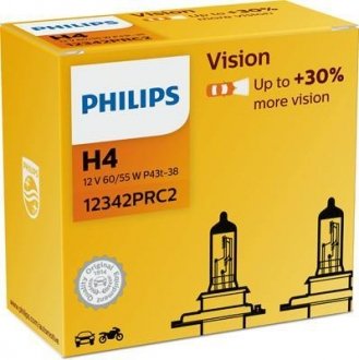 Лампа розжарювання H4 12V 60/55W P43t-38 Vision +30 (2шт. комп.) (вир-во) PHILIPS 12342PRC2 (фото 1)