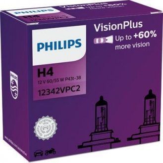 Лампа розжарювання H4 VisionPlus (+60) 12V 60/55W P43t-38 2шт (вир-во) PHILIPS 12342VPC2 (фото 1)