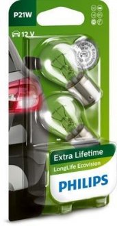 Лампа розжарювання P21W 12V 21W BA15s LongerLife EcoVision 2шт blister (вир-во) PHILIPS 12498LLECOB2 (фото 1)