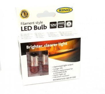 Автолампа RY10W 12V 10W BAU15s Filament LED (2000K/75 lm/3x Long Life) Amber (2шт.) Ring RW589AFSLED (фото 1)