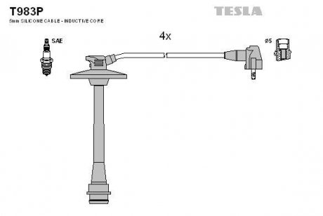 Провода высоковольтные, комплект Toyota Rav 4 i 2.0 (94-00),Toyota Rav 4 i cabrio 2.0 (97-00) TESLA T983P (фото 1)