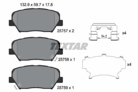 Колодки гальмівні (передние) Hyundai Santa Fe 10-/Grandeur 11-/Kia Sorento 09-/Carens 13- (mando) TEXTAR 2575701 (фото 1)