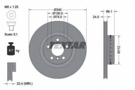 Диск гальмівний (задній) BMW 1 (F20/F21)/3 (F30/F31)/4 (F32/F36) 11- (345x24) B37/N13/N47/N55 PRO+ TEXTAR 92265125 (фото 1)