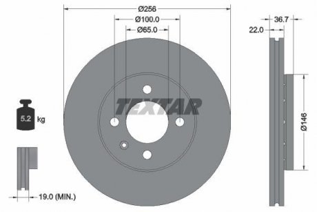 Диск гальмівний (передній) Skoda Citigo 1.0 11-19/VW Up 1.0 12- (256x22) PRO TEXTAR 92287003 (фото 1)