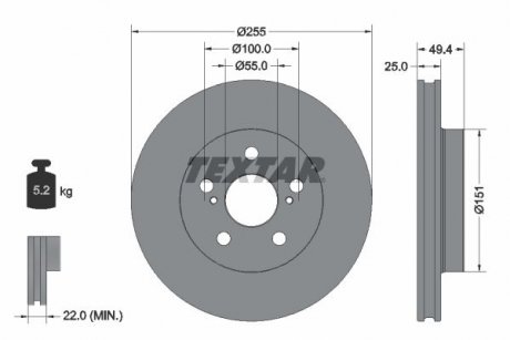 Диск гальмівний (передній) Toyota Prius 1.8 Hybrid 15- (255x25) PRO TEXTAR 92301703 (фото 1)