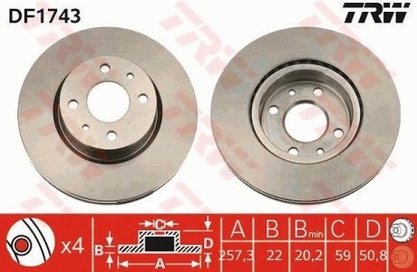 Диск тормозной ALFA ROMEO, FIAT, LANCIA, передн., вент. (пр-во) TRW DF1743 (фото 1)