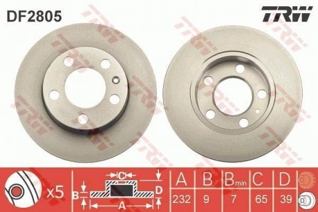 Диск гальмівний AUDI A3, SEAT TOLEDO, SKODA FABIA, OCTAVIA, VW GOLF задн. (вир-во) TRW DF2805 (фото 1)