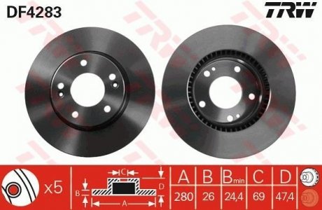 Диск тормозной HYUNDAI SONATA V, TUCSON передн., вент. (пр-во) TRW DF4283 (фото 1)