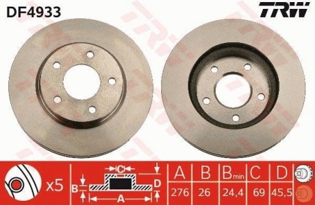 Диск тормозной MITSUBISHI LANCER 1.5-2.0 08-, DODGE CALIBER 1.8-2.4 06- передн. (пр-во) TRW DF4933 (фото 1)