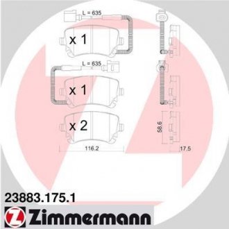 Колодки гальмівні (задние) VW Phaeton 02-16 (Lucas-Girling) (з датчиком) ZIMMERMANN 23883.175.1 (фото 1)