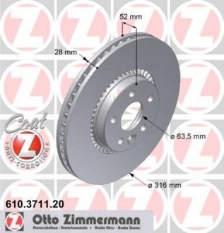 Диск гальмівний (передній) Ford Galaxy/S-max/ Volvo S80/V60/V70 06- (316x28) ZIMMERMANN 610.3711.20 (фото 1)